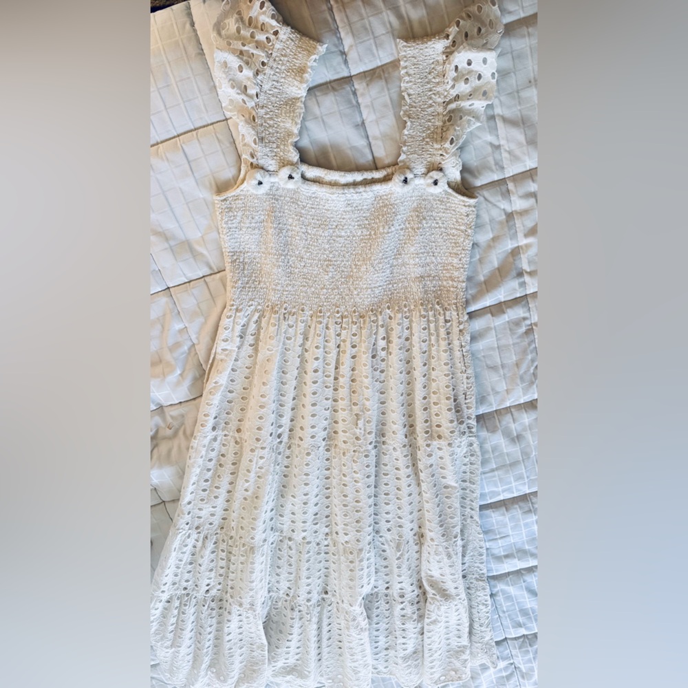 ANTHROPOLOGIE + FIGUE Madi Smocked Embroidered Eyelet Lace Maxi Dress w PomPoms - Picture 4 of 16